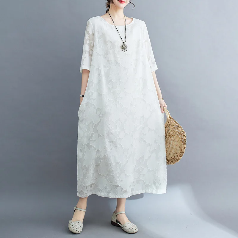 

Short Sleeve Vintage O-Neck Lace Summer Dresses for Women 2025 New Casual Loose Long Ladies Solid Dress Elegant Female Clothing