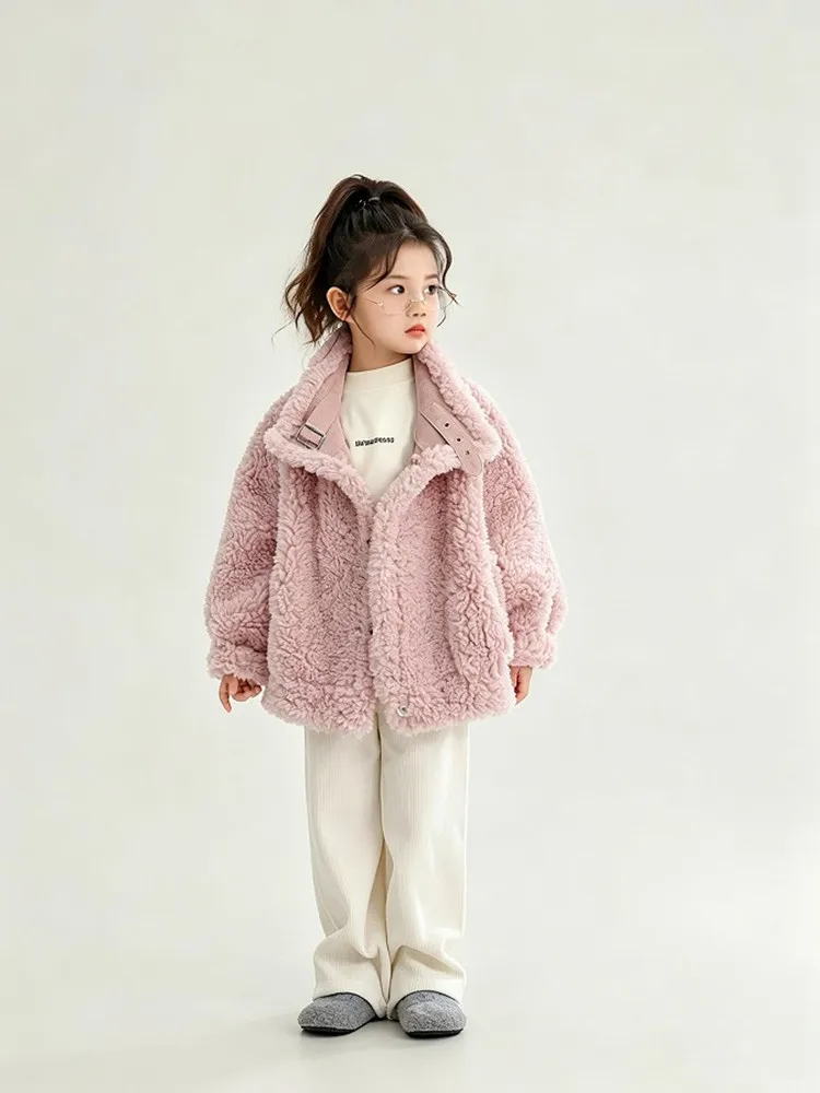 Mädchen Stehkragen Shearling-Mantel 2025 Neue Kinder-Kombinations-Lammwoll-Wildleder-Kurz-Motorradjacke Winter Warme Kinder-Oberbekleidung – Detail 11