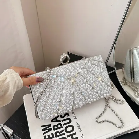 Lyxig pärla aftonväska damer moderiktig pärlpärlkuvertväska glänsande diamanter kedjekuvertväska klänning bankettväskor 8 best sales pärla aftonväska - №5