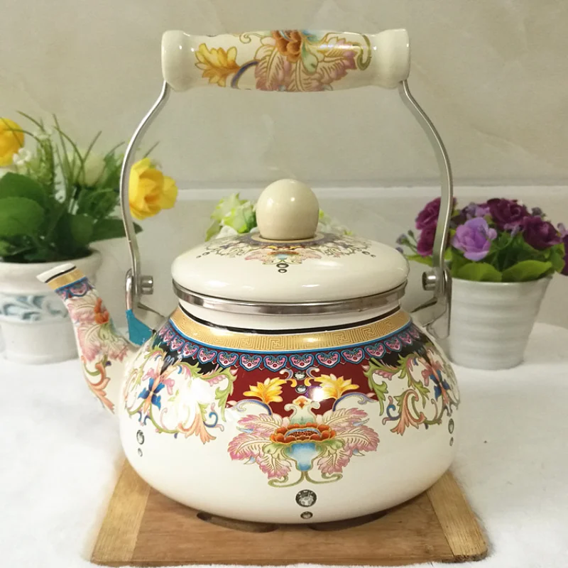 

1.5L Flowers Stamp Pot Smooth Kettle Enamel Tea Pot Used On Electromagnetic Stove/Gas Range/Electronic Tube Home kitchen tools