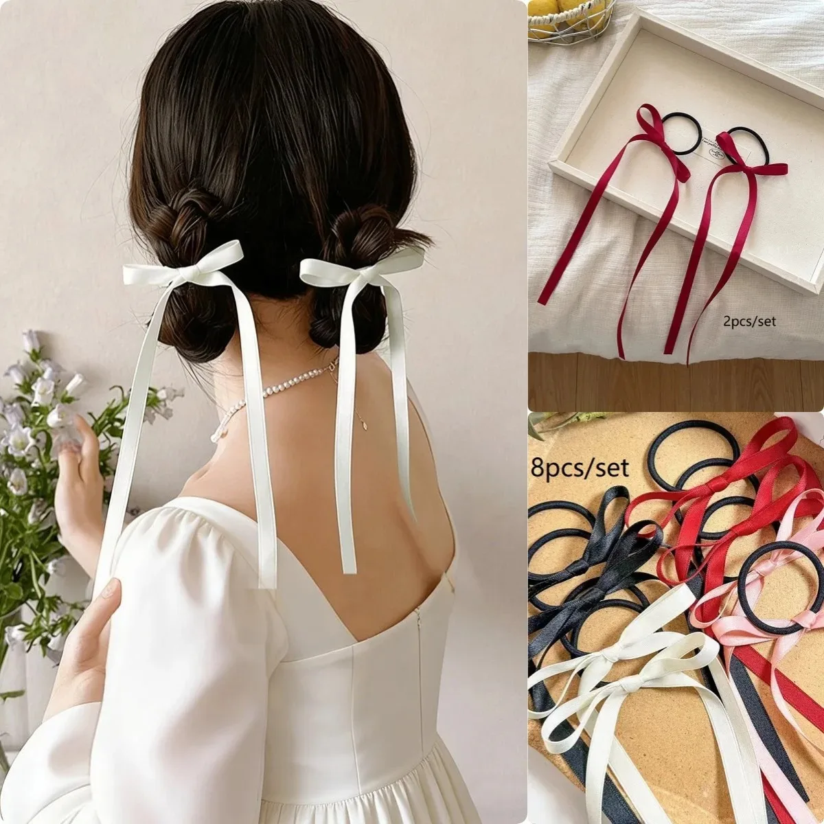 

2/8pcs New minimalist Solid color ribbon bow versatile Elastic Hair Rope Hair Bands For Women Girls Party Accessories