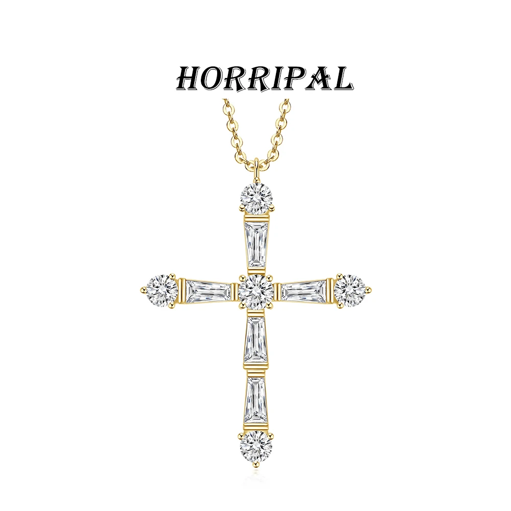 HORRIPAL 1.6CT Moissanite Pendant Necklace Woman Geometric Puzzle-Style Sparkling Cross 14K Gold-Plated Fashion Daily Jewelry