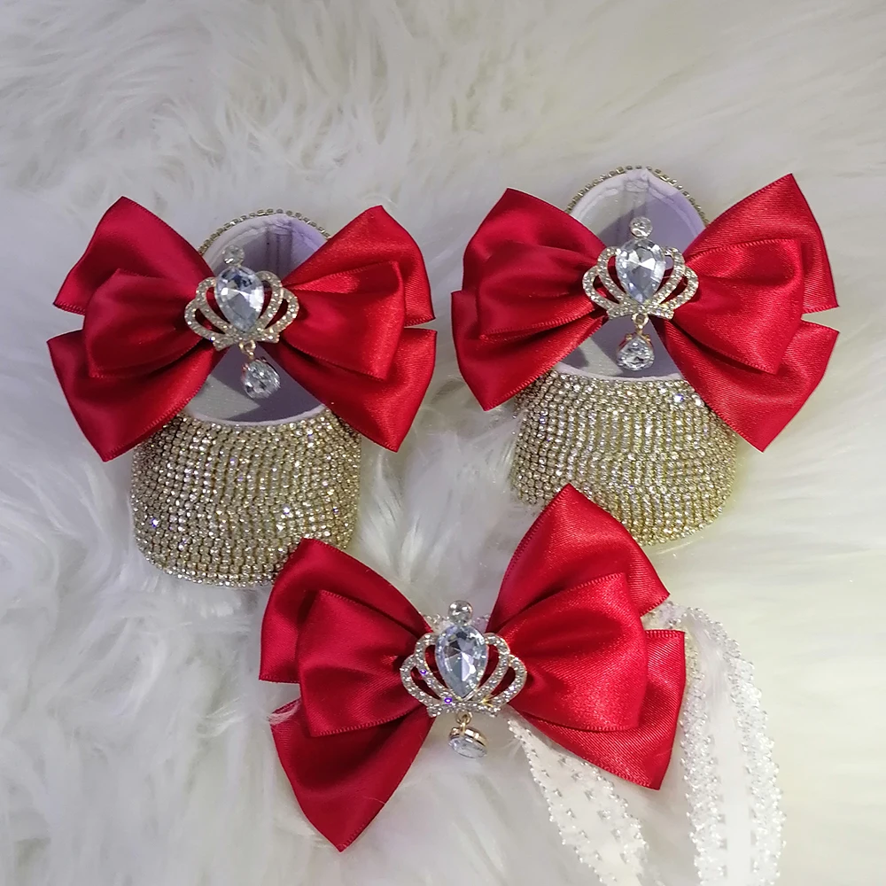 Handmade Bow Rhinestones Baby Girl Kids Shoes Hairband Sunglasses Comb First Walker Sparkle Bling Crystals Princess Shower Gift