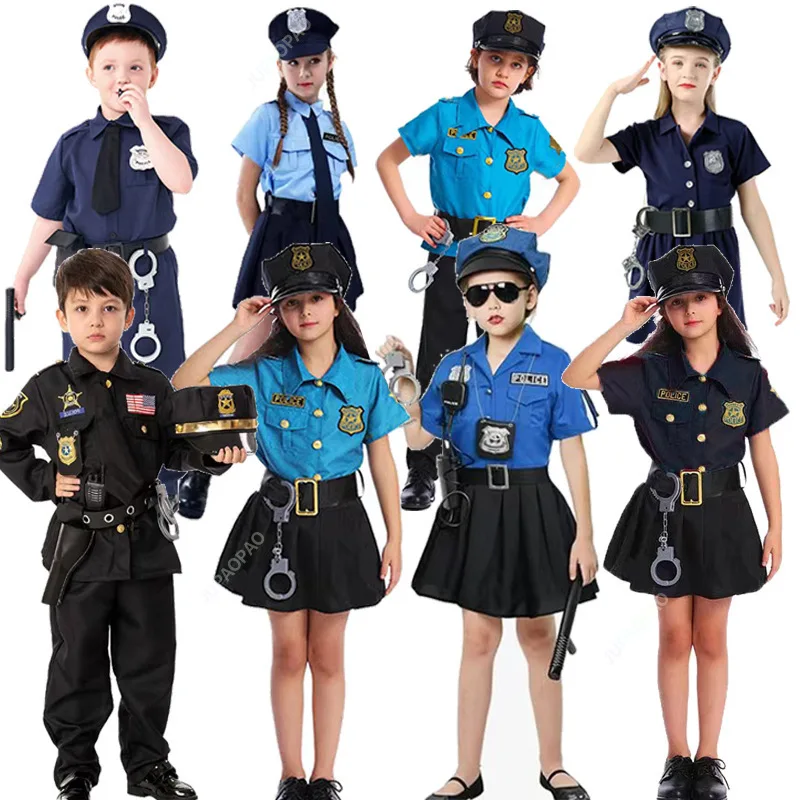 Ensemble robe et chapeau de police pour enfants, vêtements d'expérience professionnelle, ceinture supérieure bleue, cosplay d'Halloween, vêtements pour garçons et filles, nouveau