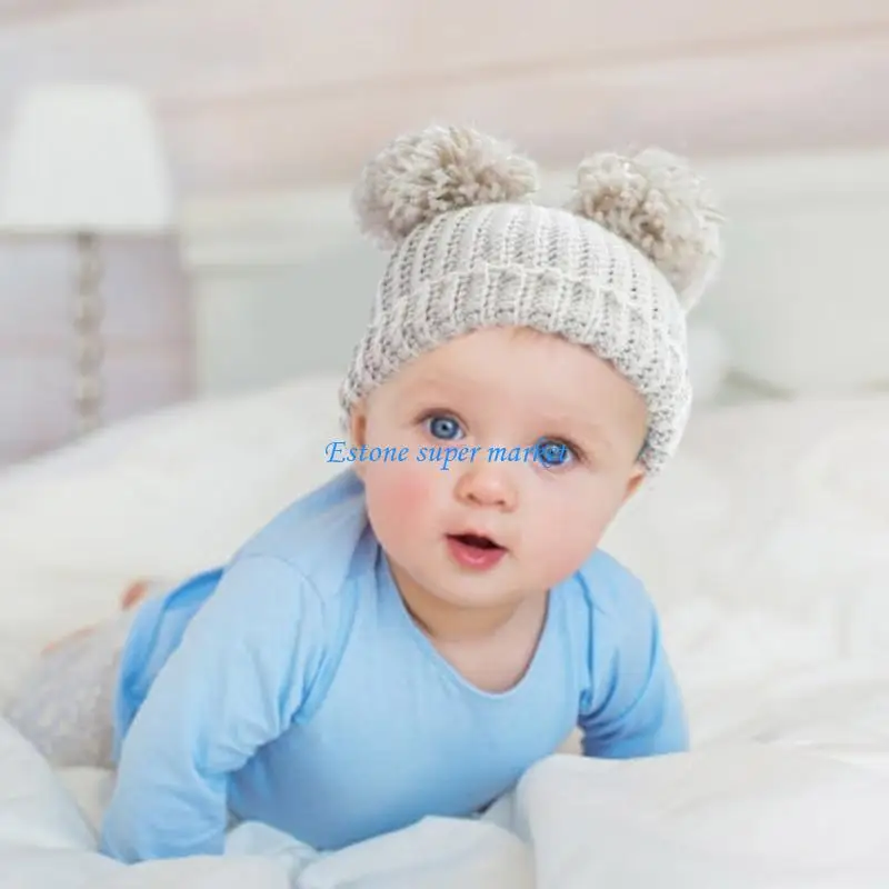 

090B Baby Hat Knitted Winter Warm Hat Soft Caps Crochet Hat with Pompoms