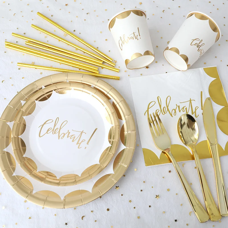 

10pcs Celebrating Birthday Tableware Set Disposable Cutlery Set Bronzing Paper Plate Paper Cup Golden Party Celebration