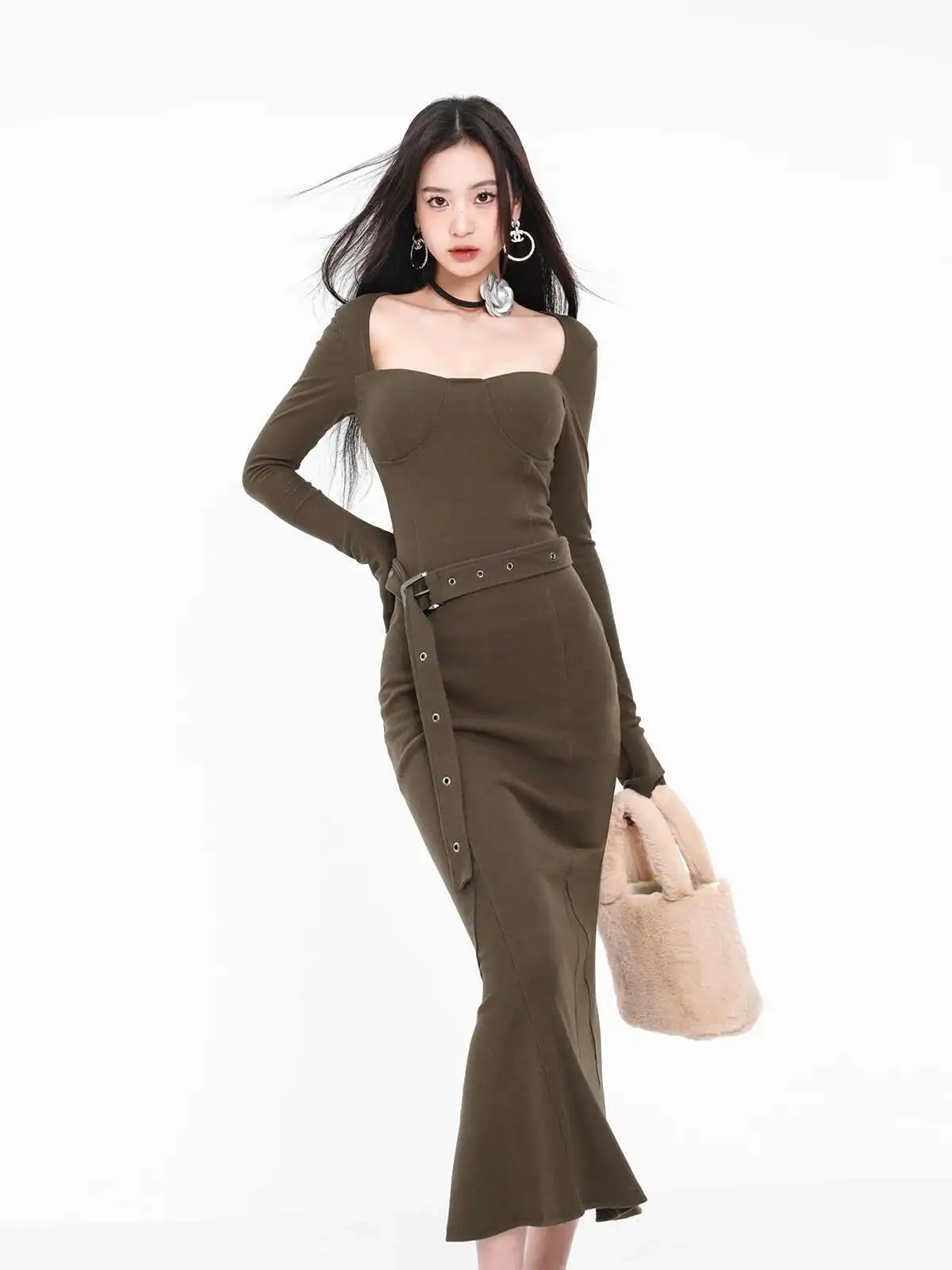 

American Light European/ Mature Style Sexy Square Neck Knitted Dress Women Spring/autumn Slim Long Sleeved Fishtail Dress JIX5