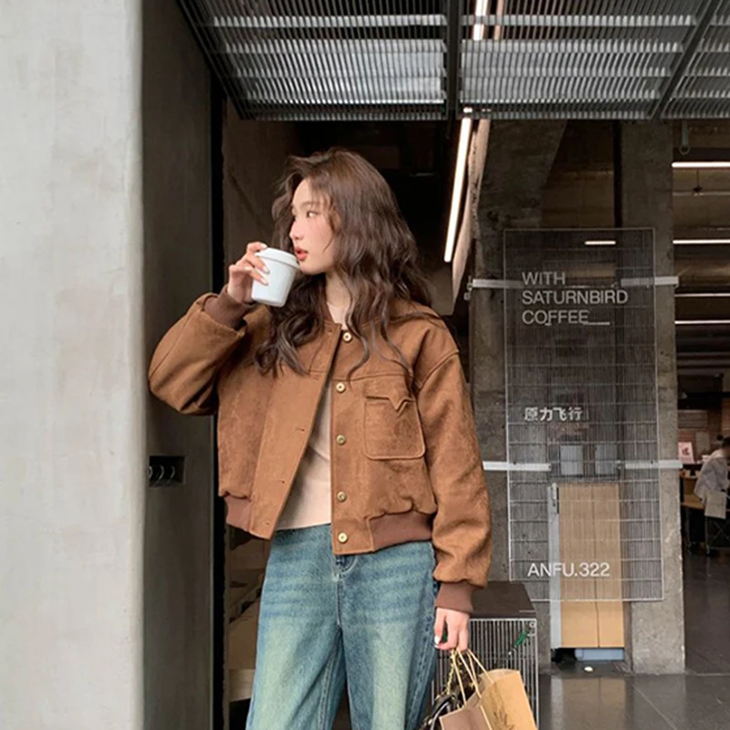 Women Faux Suede Jacket Snap Button Bomber Coat Ribbed Collar Flap Pocket Cropped Retro Western Motorcycle Outerwear Top
