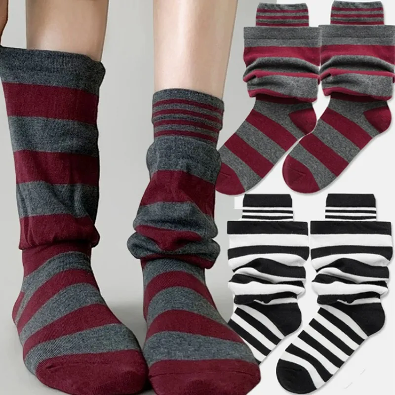 Y2K Striped Double Layer Spliced Leg Warmers for Women Fashion Kinitted Knee-High Leg Warmers Girls Japanese Long Tube Stockings