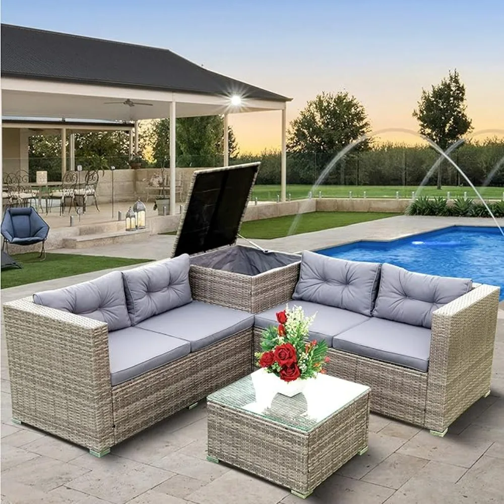 4 Pieces Patio Sectional Furniture Set Outdoor Wicker Conversation Sofa Couch with Storage Box, L-Shaped