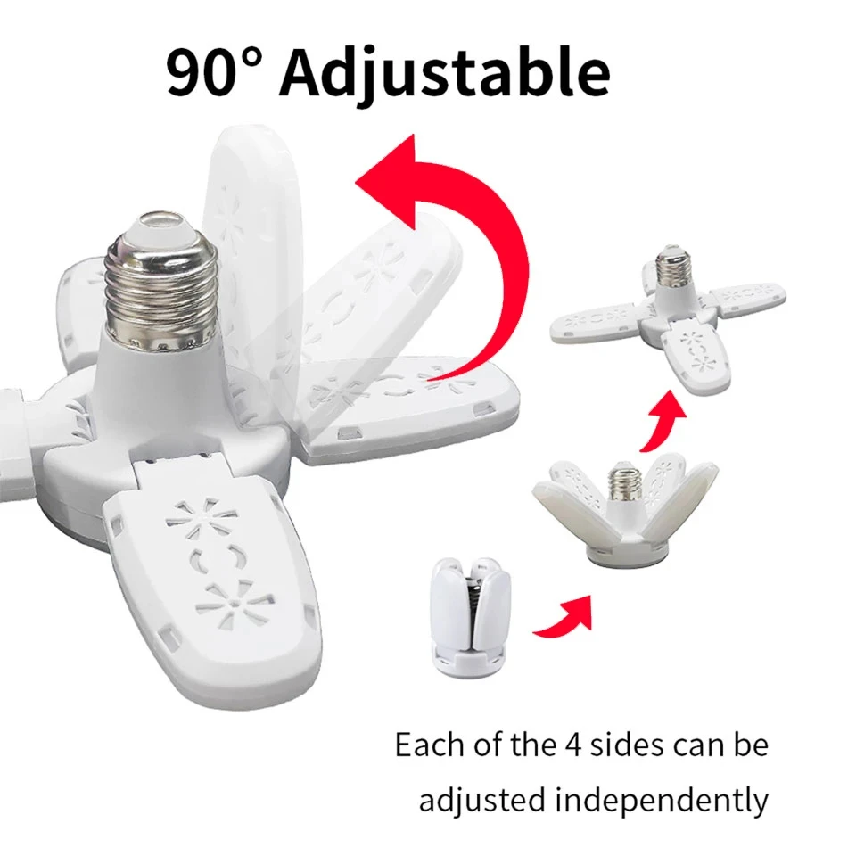 Ampoule LED pliable en forme d'éventail E27, 28W, déformation AC220V/110V, pour plafonniers domestiques, entrepôt et Garage, feuille blanche 6500K