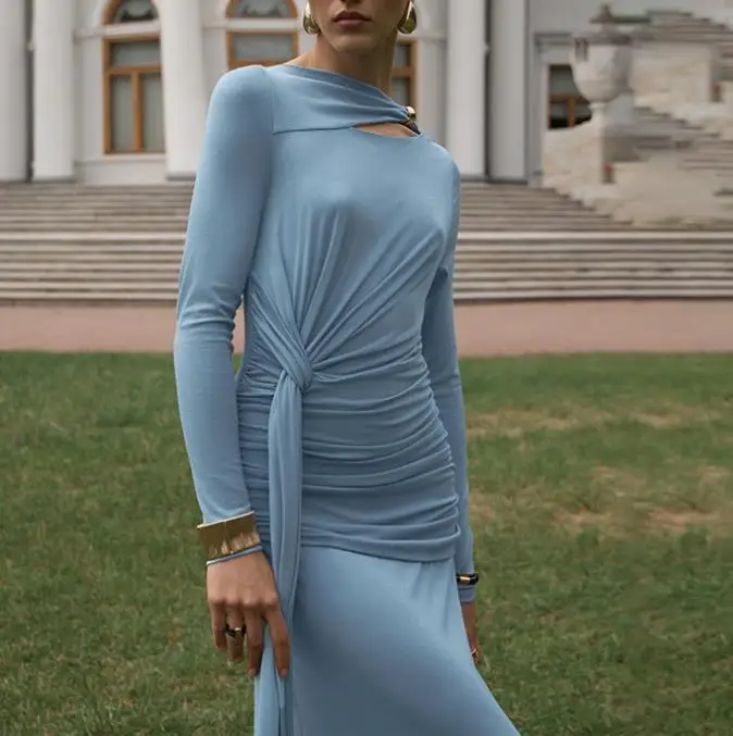 

Women's Dress 2026 Spring New Style Elegant British Style Hollow Out Pleated Ribbon Design High Waist Hip Hugging Party Dress