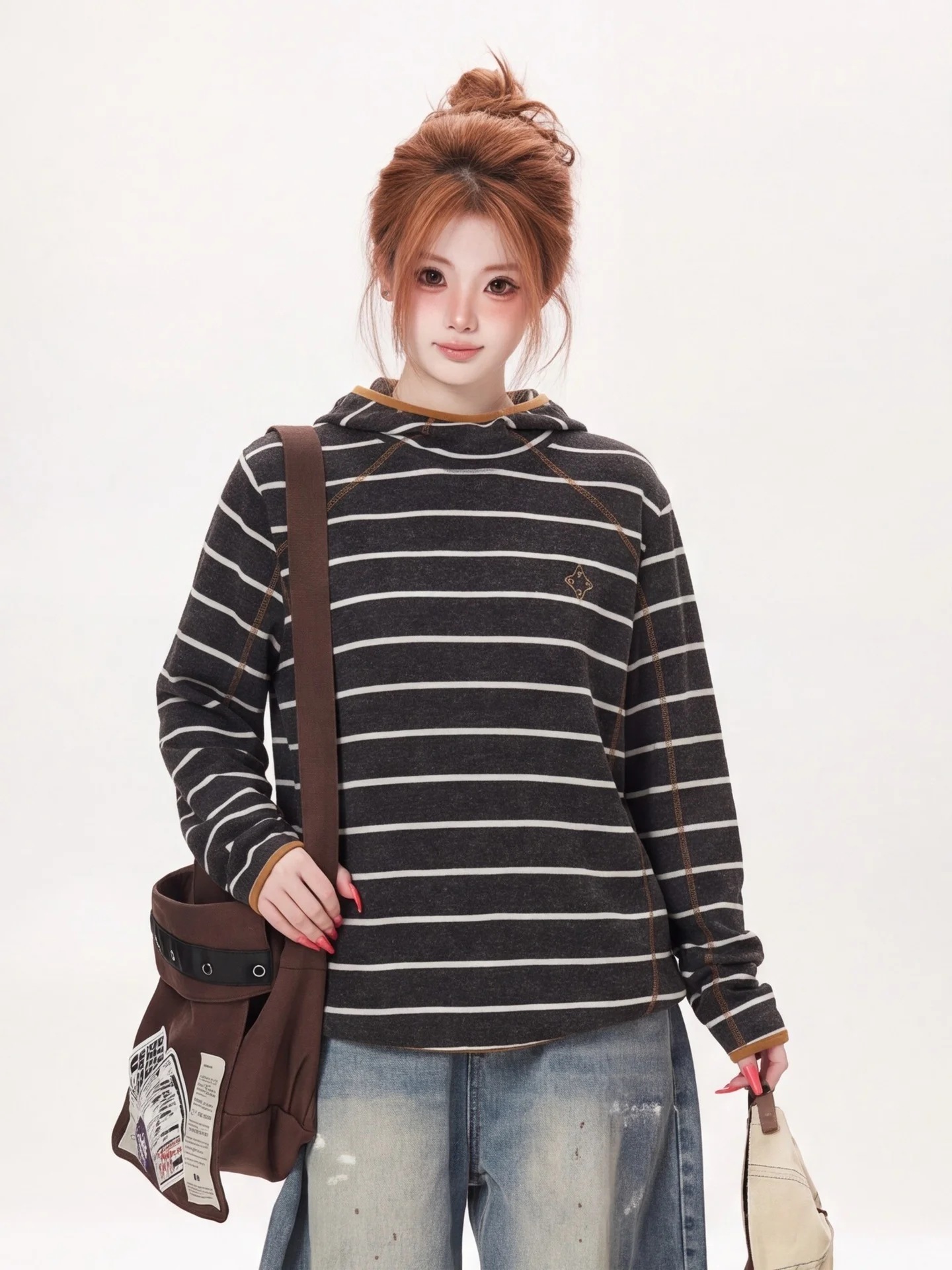 Loose Fit College Style Long Sleeve Hoodie T-Shirt Women's Autumn Casual Stripe Pattern Versatile Comfortable Top for Students