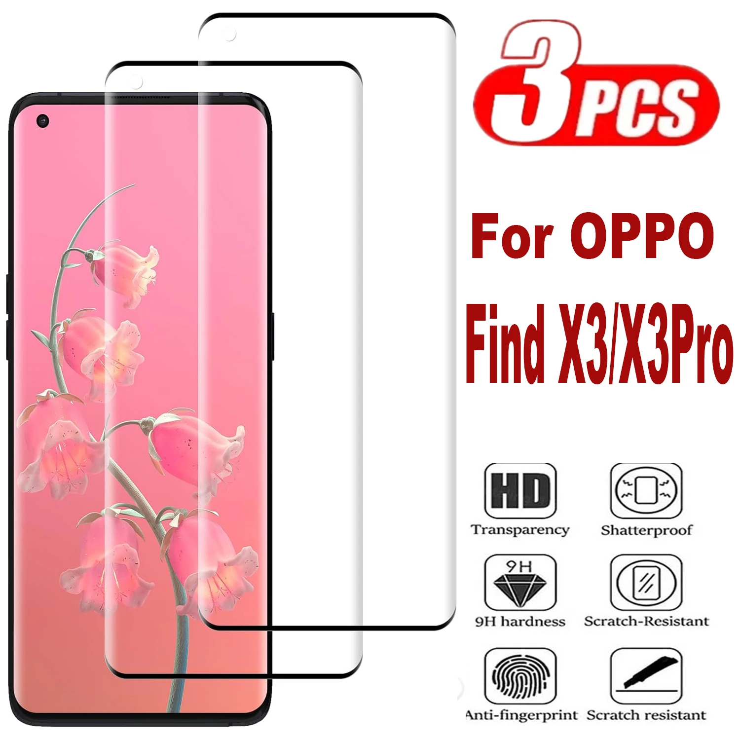 

9H Curved Four Sides Glue Screen Protector For OPOO Find X3 Pro 3Pcs HD Tempered Glass