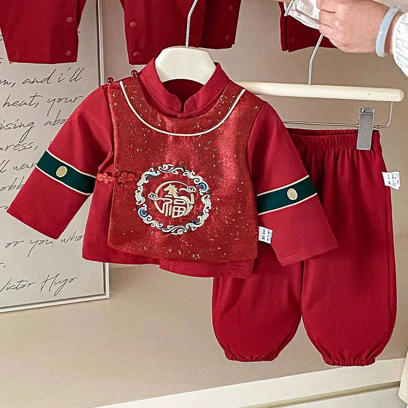 

2Piece Spring Autumn Toddler Boy Outfits Chinese New Year Embroidery Red Long Sleeve Baby Tops+Pants Luxury Kids Clothing B239