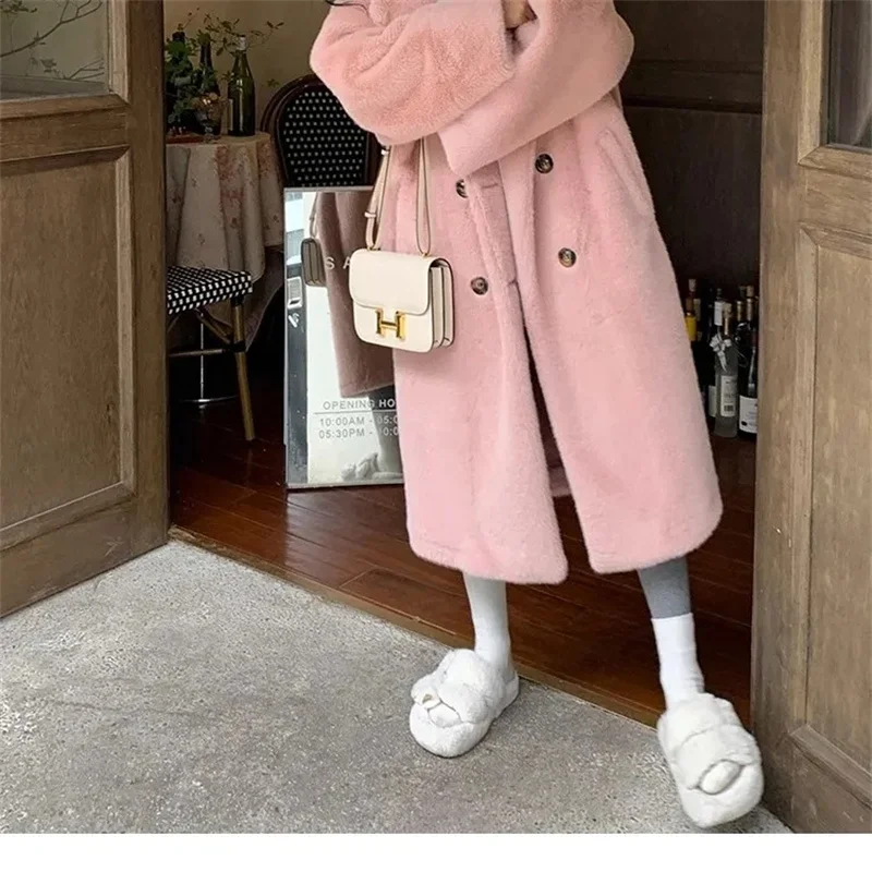 Manteau beige en fausse fourrure de vison pour femme, col trempé intégré, ample et épais, rose, doux pour le mental