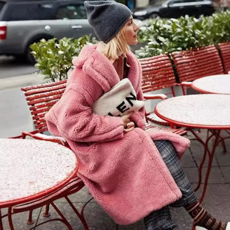 ملابس الشتاء بلون فضفاض فو الفراء معطف النساء الملابس فوق الركبة سترات من فرو الضأن سميكة الدافئة مزدوجة الوجه الفراء معاطف طويلة