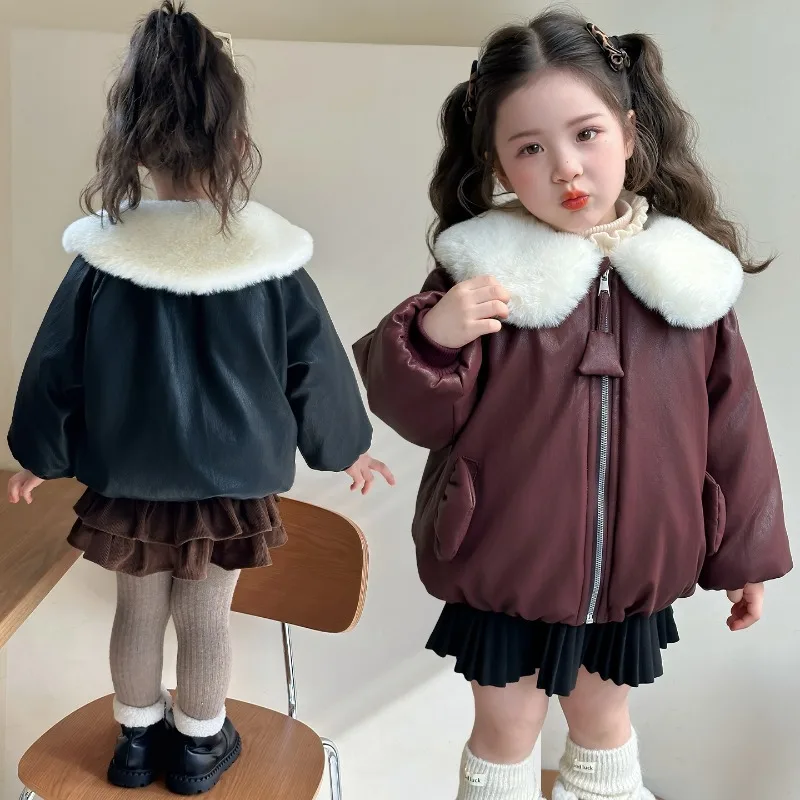 Girls Leather Jackets Children's Plush Velvet Coats Kids Winter Warm Padded Outerwear Teenager Turn-down Clothes 2026 New