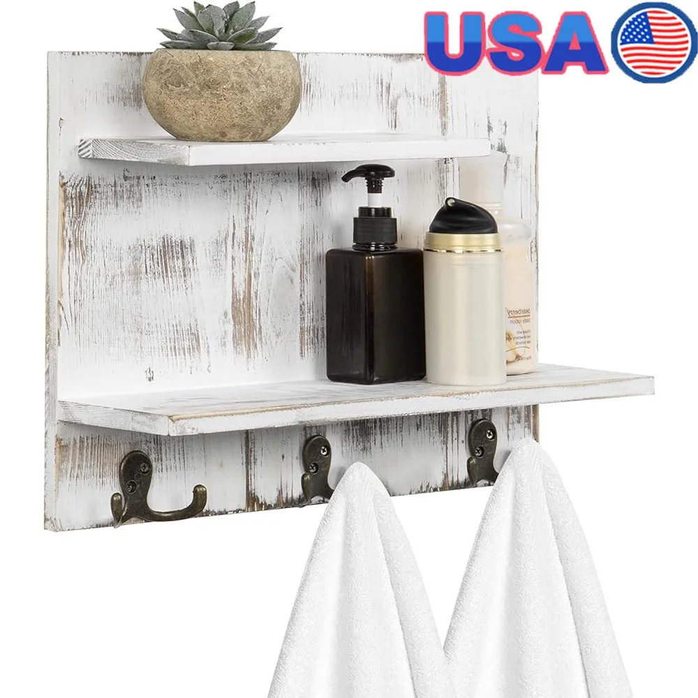 

2 Tier Wall Mounted Wooden Floating Shelves Bathroom Storage Rack with Hooks Entryway Kitchen Laundry Room Organization