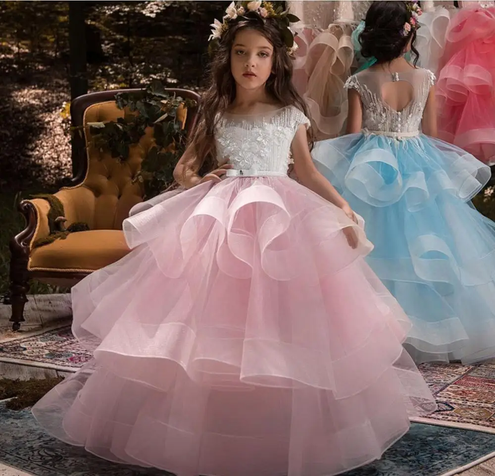 Flower Girl Dress com Applique Lace, Kids' Stitch Beads, Apresentado Desempenho, Traje de aniversário, Bridesmaid Party Princess Dresses