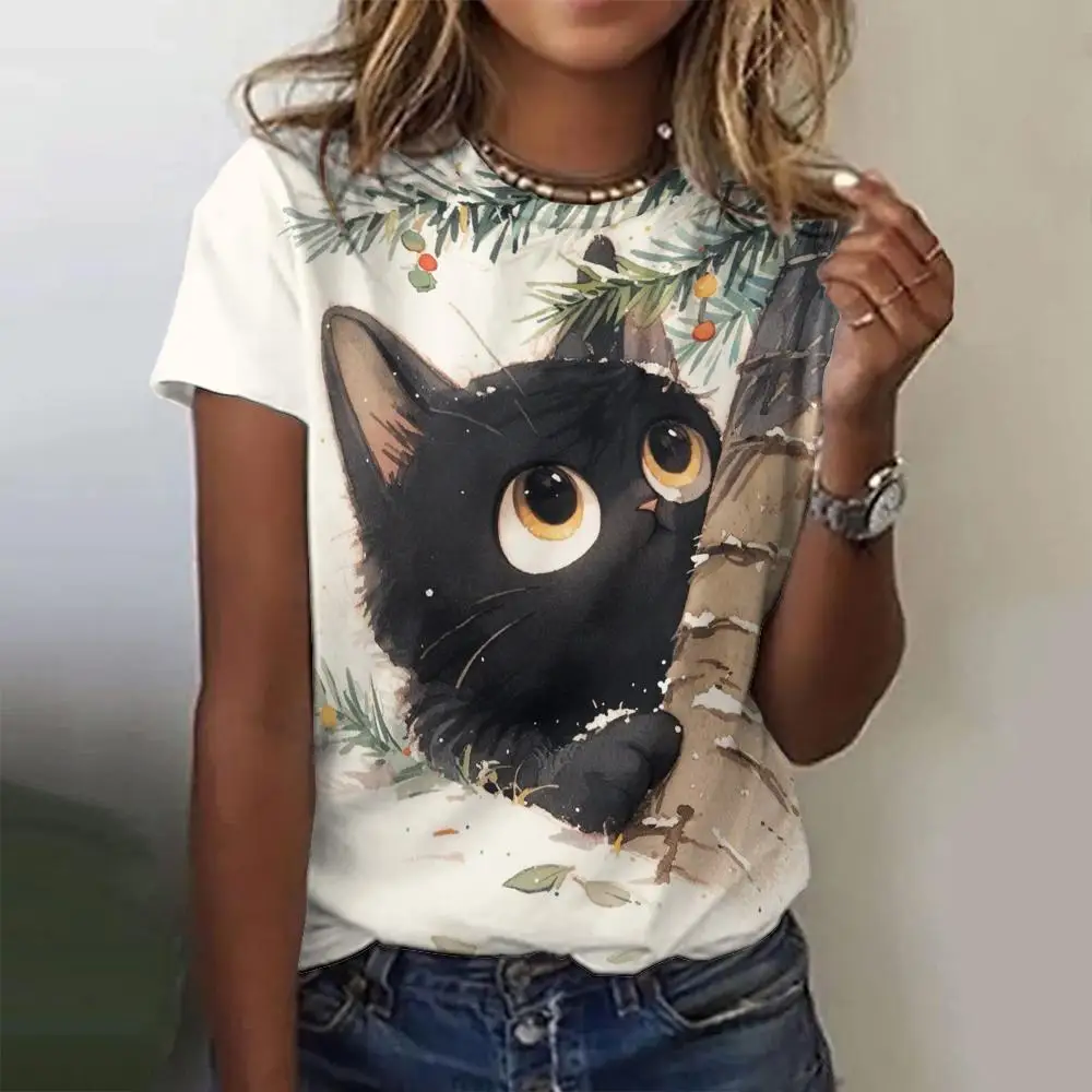 

2024 Kawaii T-Shirt For Women Cartoon Cat Print Plus Size Summer Women's Clothing Crop Top Female Fashion Oversized Blouse