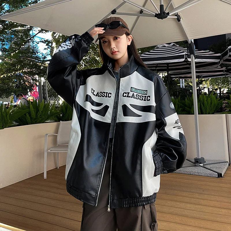 Men PU Leather Jacket Autumn Winter New Color-Blocking Fashion High Arcade Motorcycle Uniform Couple Plus Size Leather Clothing