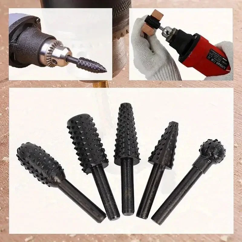 Juego de brocas para tallado de madera, vástago rotativo, limas para manualidades, brocas de madera, potencia de molienda, herramienta de mano para carpintería, 5 piezas por juego