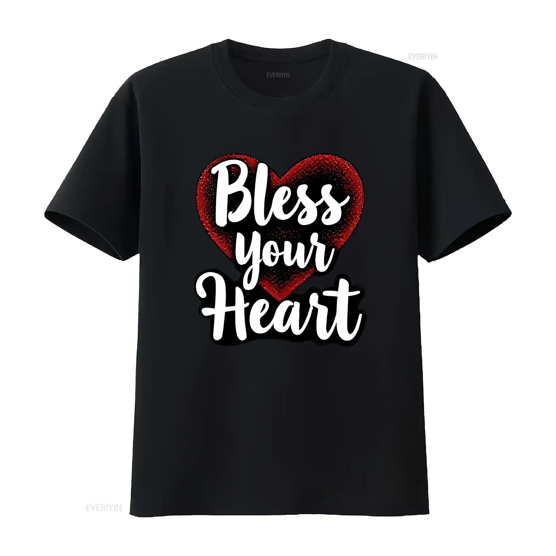 Men's Black T Shirt with Red Glittery Heart Bless Your Script vintage Washed Unisex Stretched fashion designer clothes Slightly