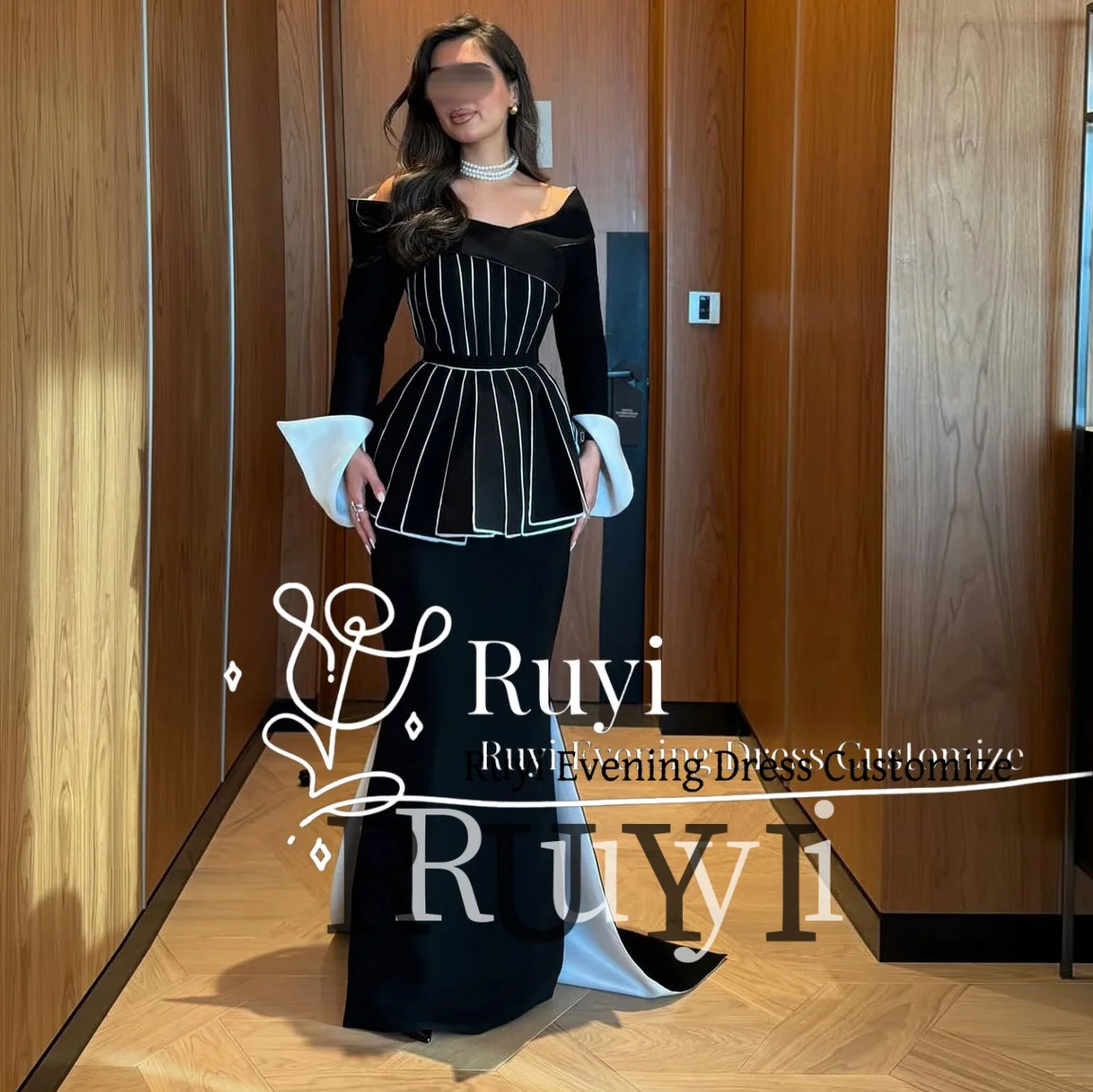 Customized Black White Vintage Formal Evening Gowns Long Sleeves Lines Side Slit Train Elegant Party Dresses Prom Dress