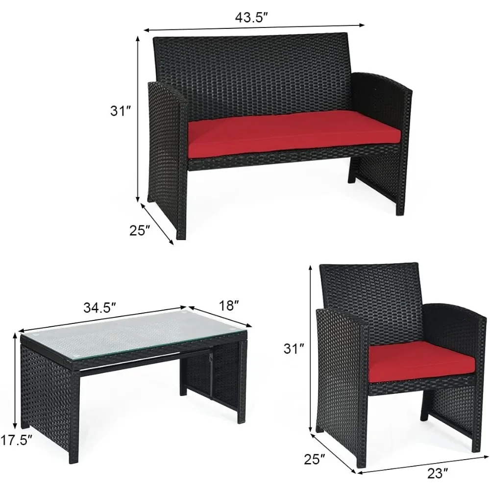 Patio Wicker Conversation Furniture Set, Patiojoy Sofa & Table Set W/4 Seats,Outdoor Rattan Sofa Set for Balcony Backyard,Wicker