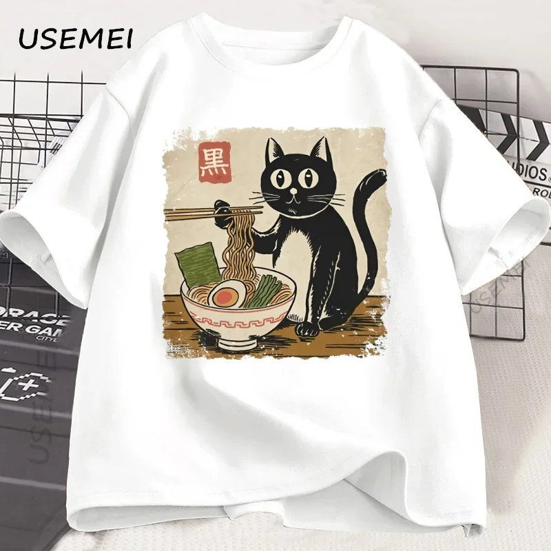 Funny Black Cat Ramen T-shirt Men Women Japanese Graphic Tees Kawaii Cat Anime Print T Shirt Short Sleeve Mens Clothes