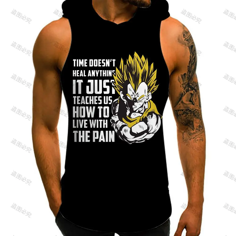 Gym Vegeta Vest With Hood Y2k Clothes Hip Hop Dragon Ball Z Men\'s Clothing T-shirts Bodybuilding Trend Man Sleeveless Shirt Goku