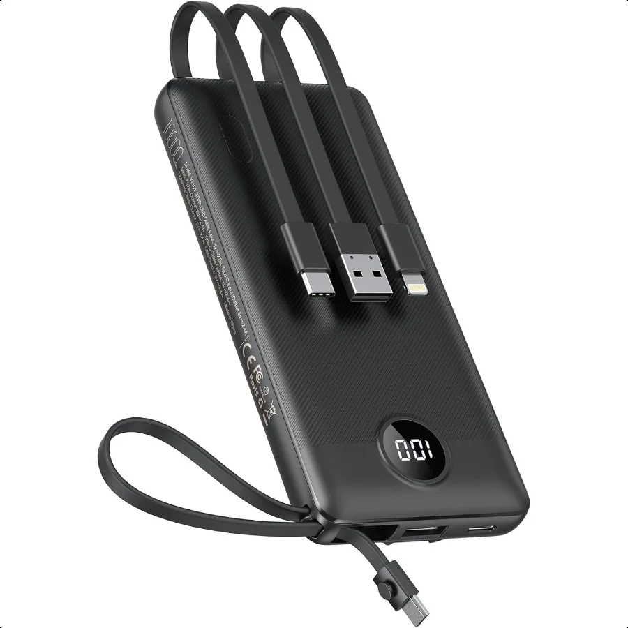 

Portable Charger with Builtin Cables 10000mAh Power Bank for iPhone Slim Fast Charge USB C Battery Pack Travel entials Powerban