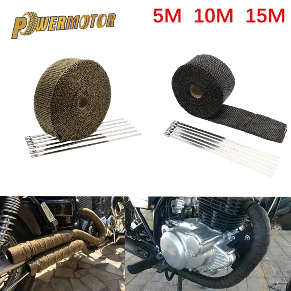 Motorcycle Exhaust Thermal Tape Sports Muffler Wrap 5cm 5M 10M 15M Heat Shield Resistant Heat with Stainless Ties Dirt Bike Car