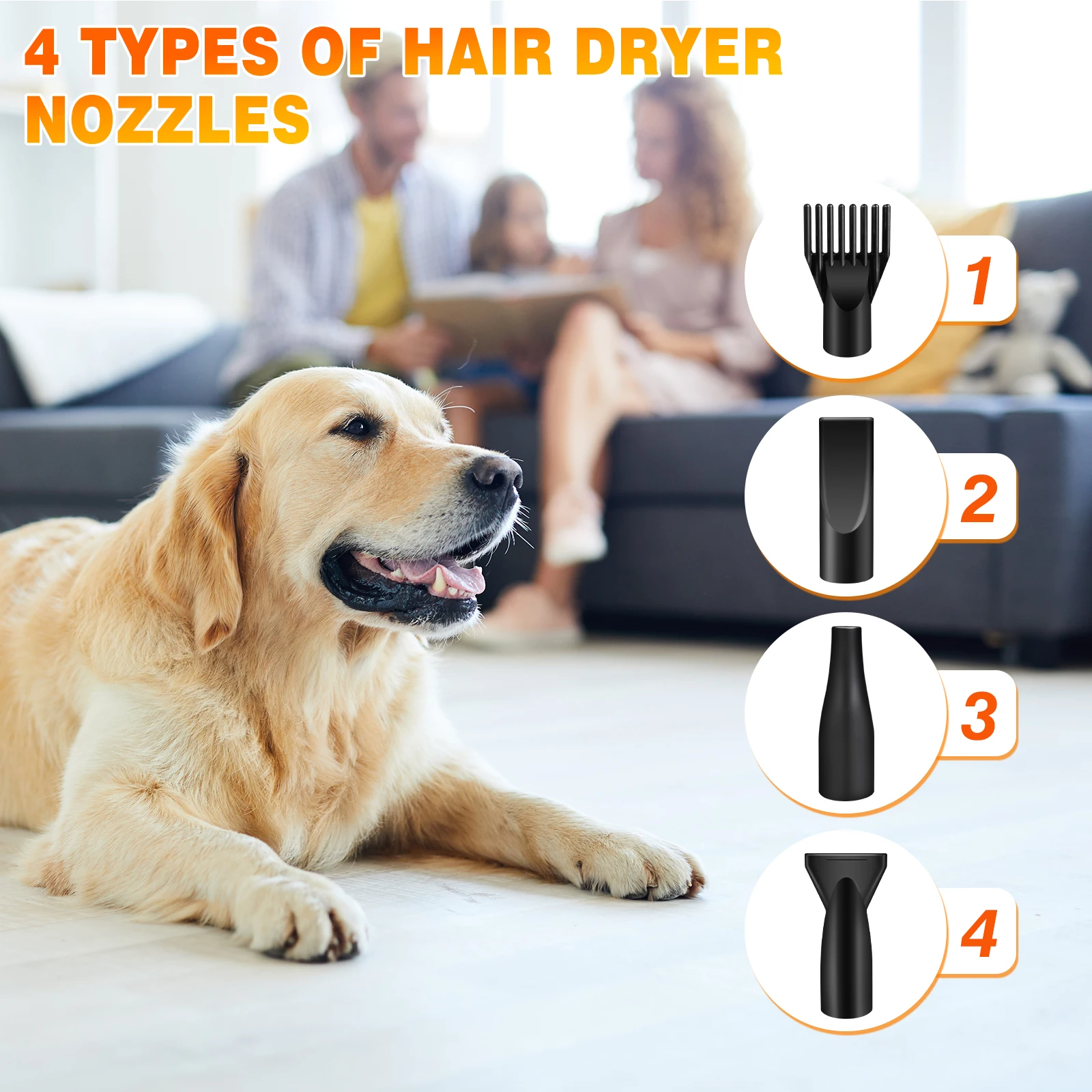 Secador de Pelo para Perros de Alta Velocidad 3500W, Secador Soplador para Peluquería Canina, Secador de Pelo para Perros Muy Silencioso, Secador de Pelo para Mascotas con 4 Boquillas y Manguera, Velocidad y Temperatura Ajustables, Secador para Mascotas, Perros, Negro