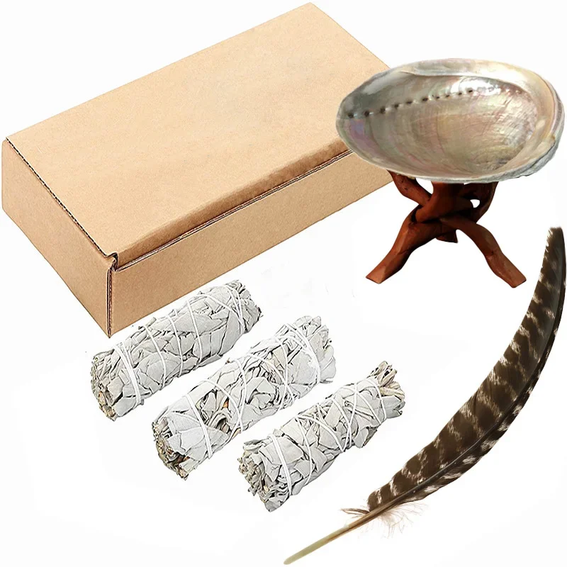 White Sage Balone Shell Holder Turkey Feather Set Fragrance Purify The Mind Buddhist Temple Yoga Purifying Healing Supply Decor