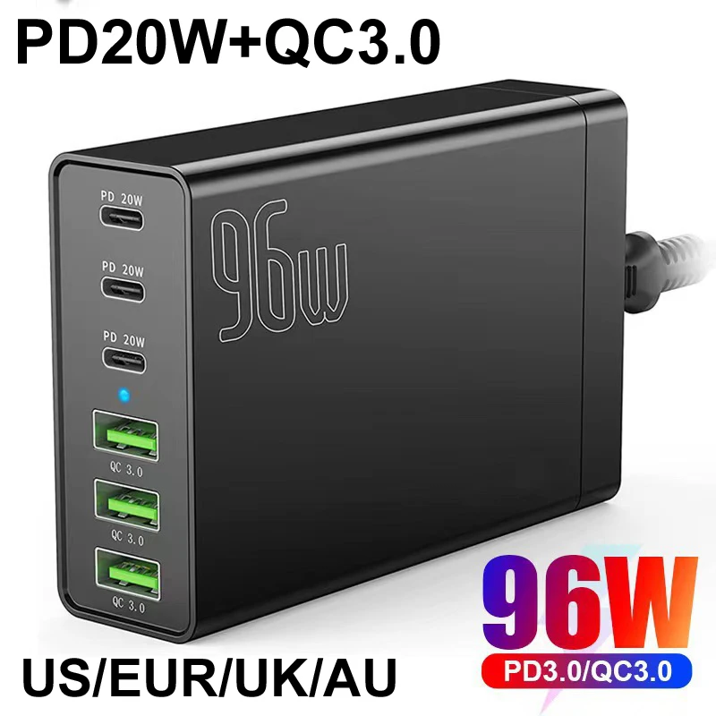 

Настольная зарядная станция, 6 портов USB Type-c, 96 Вт (PD 20 Вт) * 3 + 3 QC 3,0, быстрое зарядное устройство для iPhone 13 14 Pro Max iPad Samsung Galaxy