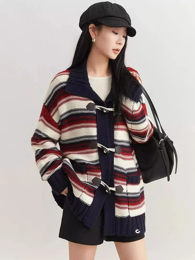 

Korean College Sle Faionable Striped Knitted Open Cardigan Soft Comfortable Casual Commute Long Sve Lazy Sle Jaet