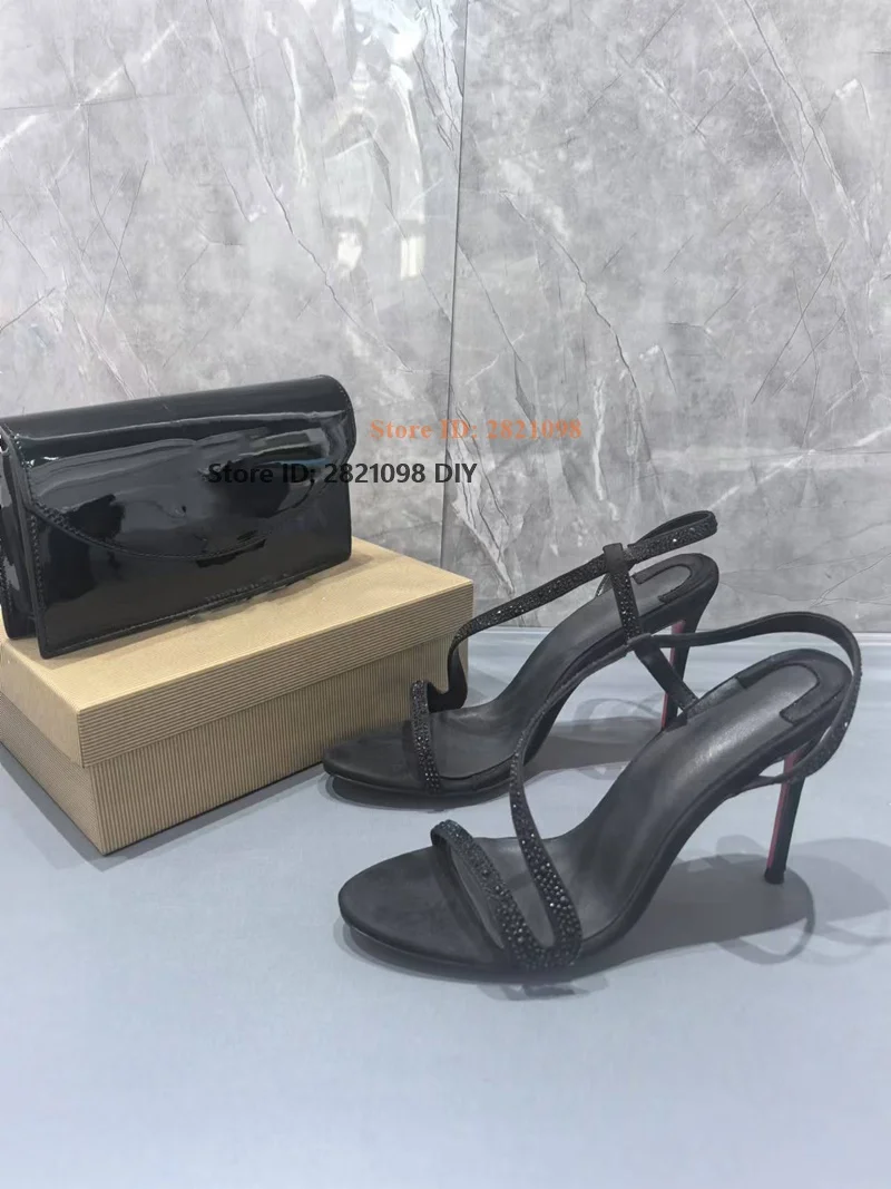 Black Shiny Crystal Leather 10Cm Heeled Thin Heeled Sandals with Mini Hasp Bag Slip On Women Summer High Heel Party Dress Shoes