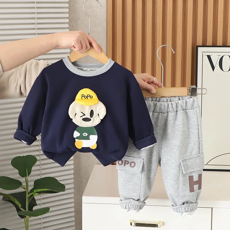 

Korean Fashion Kids Autumn Clothes 2025 Cute Cartoon O-neck Long Sleeve Pullover Tops and Pants 2 Piece Suit for Boys Sportswear