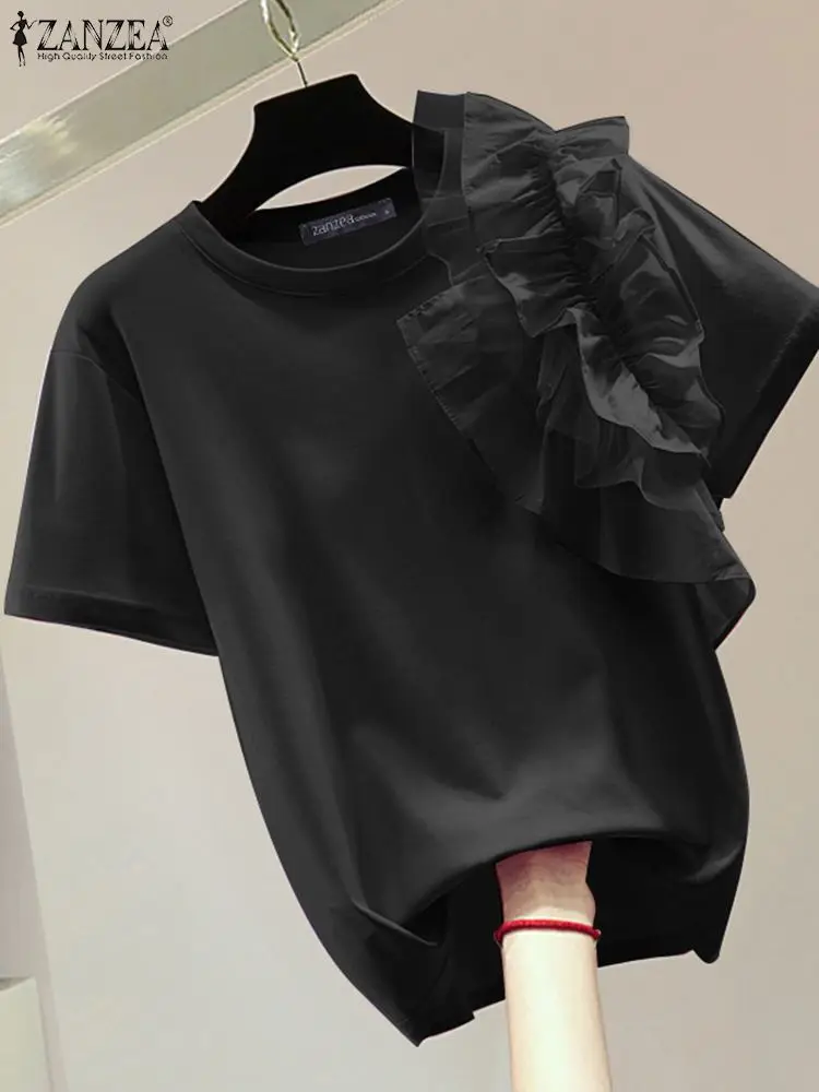 ZANZEA Short Sleeve Ruffles Detail T-shirts Elegant 2024 Summer Casual Women Blouses O Neck Solid Korean Fashion Blusas Mujer