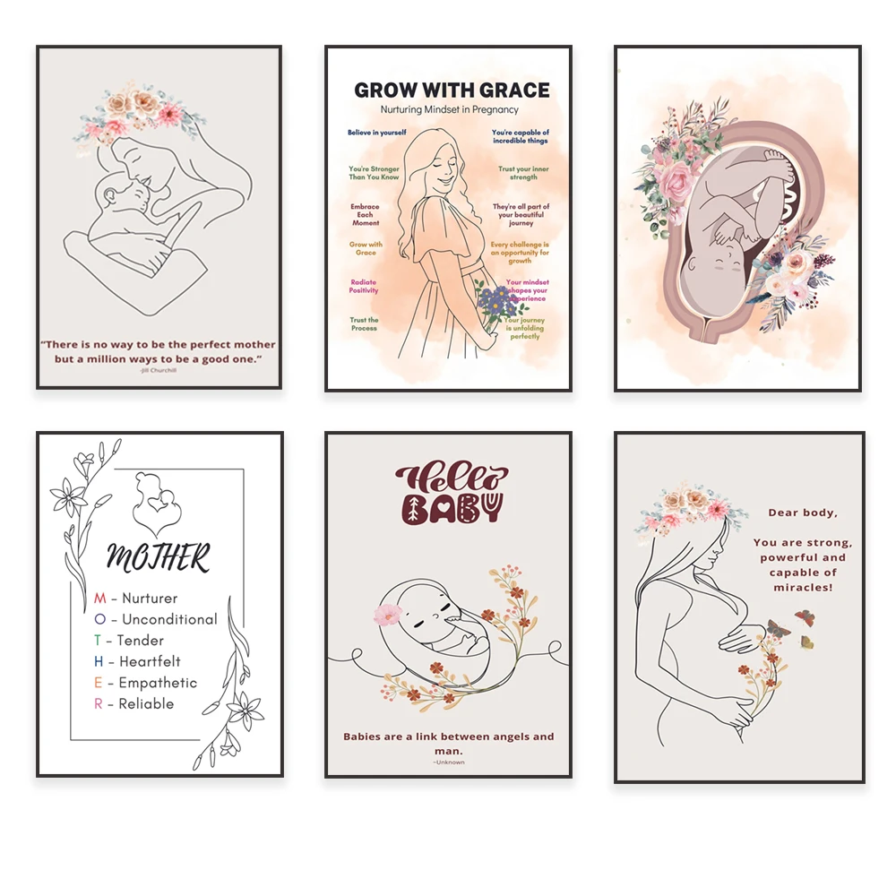 Floral Motherhood poster, little finger, little toe quote, uterus, fetal anatomy, embryo line art, mom definition, new mom gift