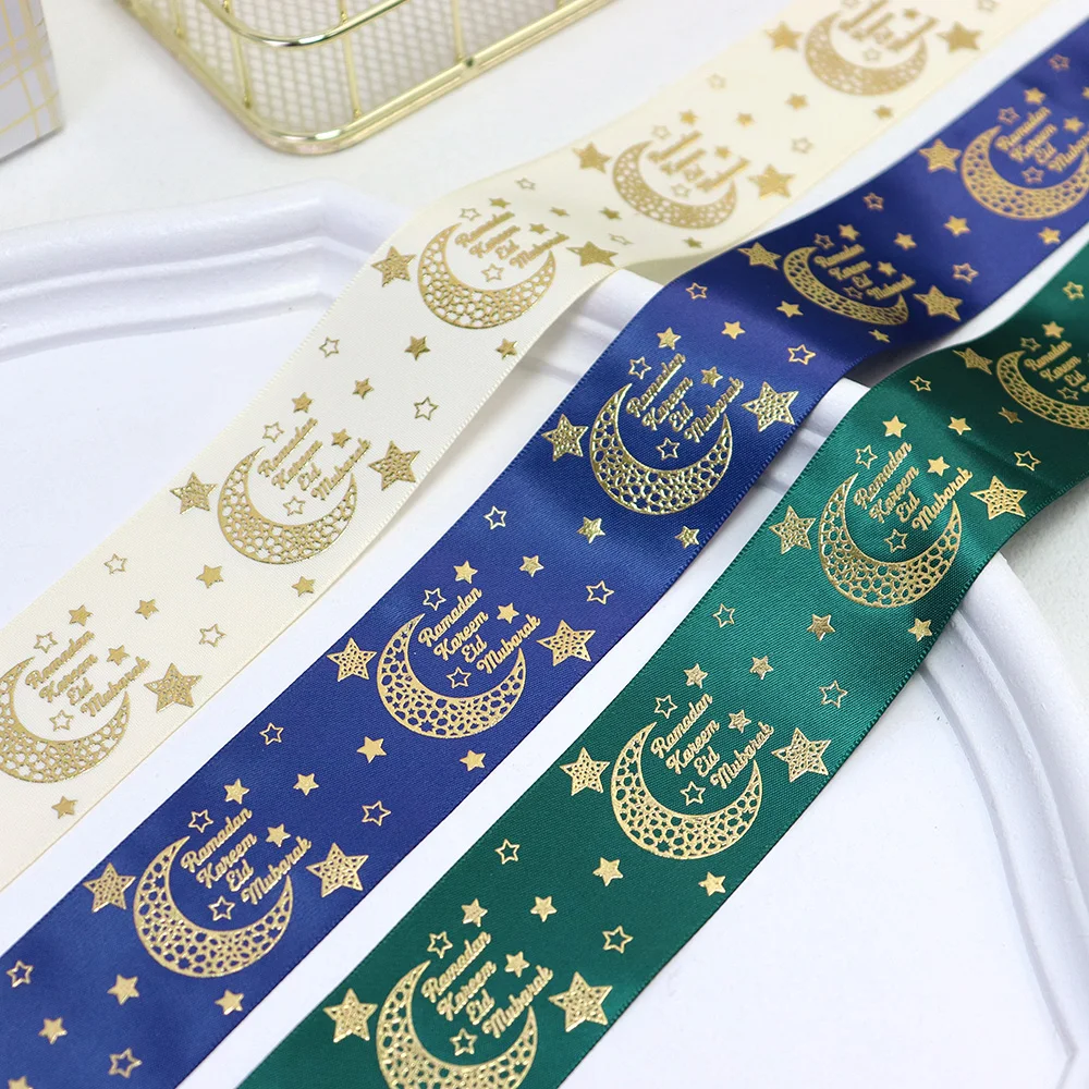 Wholesale 25mm 38mm Gold Foil Eid Mubarak Printed Satin Ribbon For Muslim Al-Fitr Party Supplies Decoration Candy Box Packing