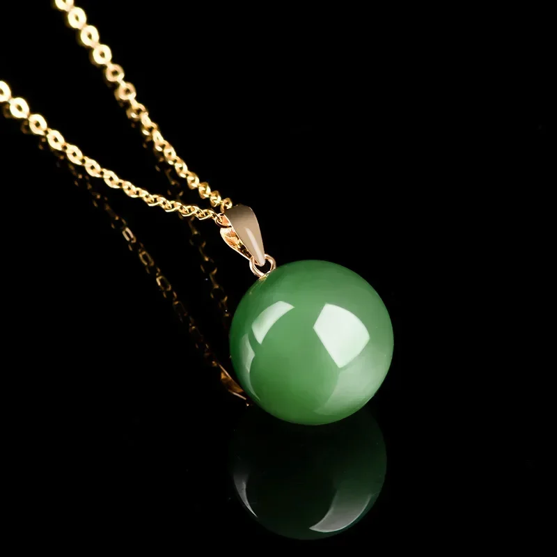 Spinach Green Old Material Hotan Jade Round Bead Pendant Authentic with Certificate 18K Gold Natural Jade Necklace for Men Women