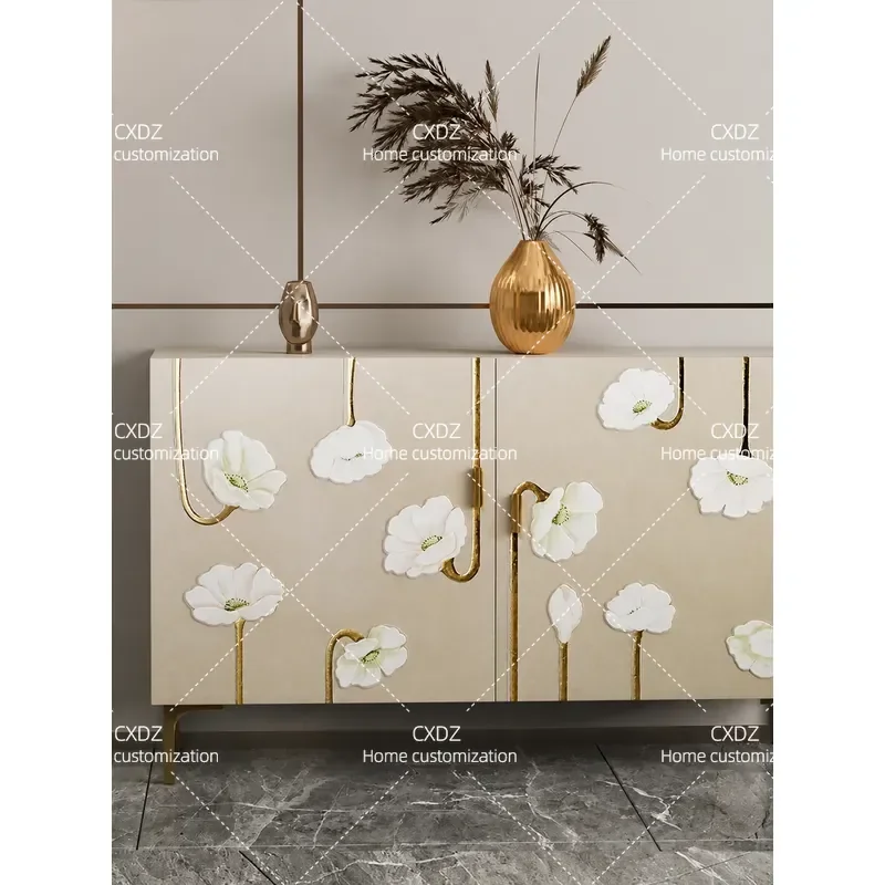 Modern Solid Wood Entrance Hall Cabinet with Relief Effect Light Luxury Porch Shoe Storage Decorative Sideboard for Dining
