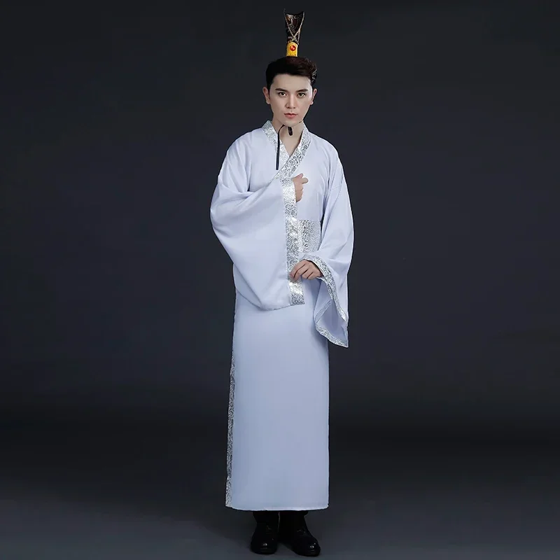 ชุดจีนโบราณผู้ชายชุดเต้นรำจีนแบบดั้งเดิมชุดกระโปรงซาตินแขนยาวสไตล์ฮั่นฝูชุดราชวงศ์ชิง