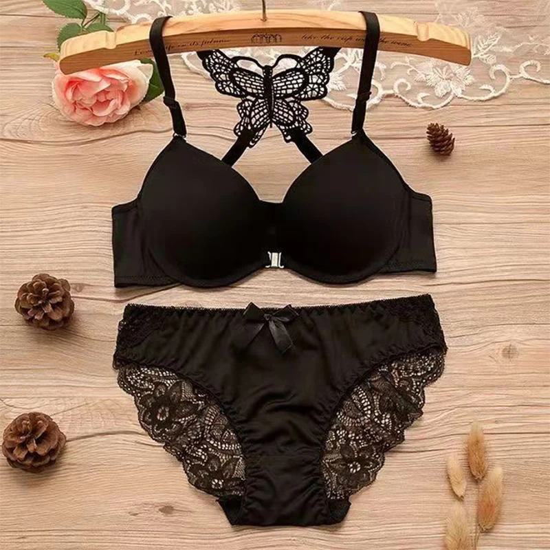 1 Piece Lace Stitching Bra  Panties Front Buckle Push Up Bra  Scallop Trim Panties Lingerie Set, Women\'s Lingerie  Underwear