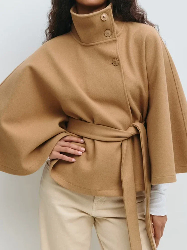 Vestes en Patchwork avec ceintures à col montant, manteaux chics à manches chauve-souris pour femmes, automne-hiver, cape solide ample pour vacances, Streetwear, 2025