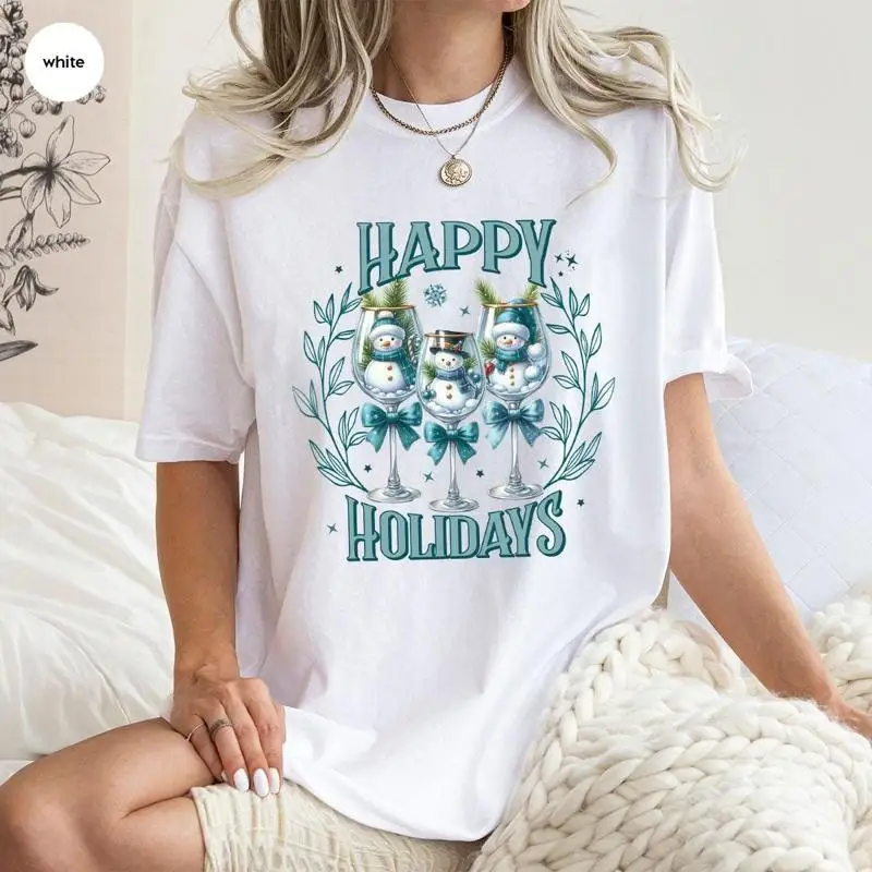 

Winter Qutfit Holiday short Sleeve T Shirt Happy Cute Snowmen Drinking