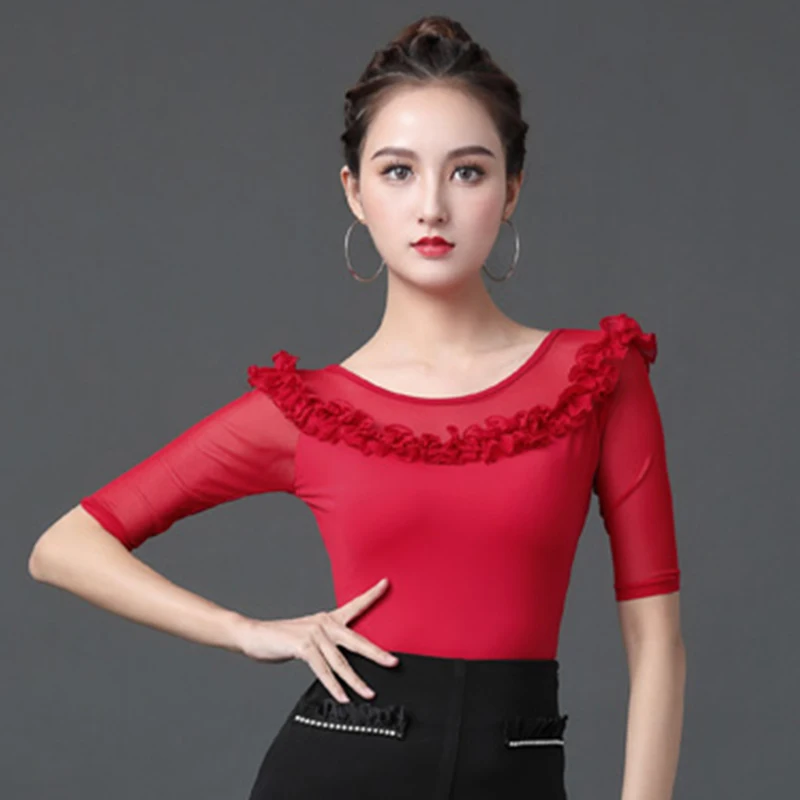 

Summer Latin Dance Tops ChaCha Dancewear Rumba Tango Practcie Wear Women Mesh Sleeve Ballroom Dance Competition Costume YS3768